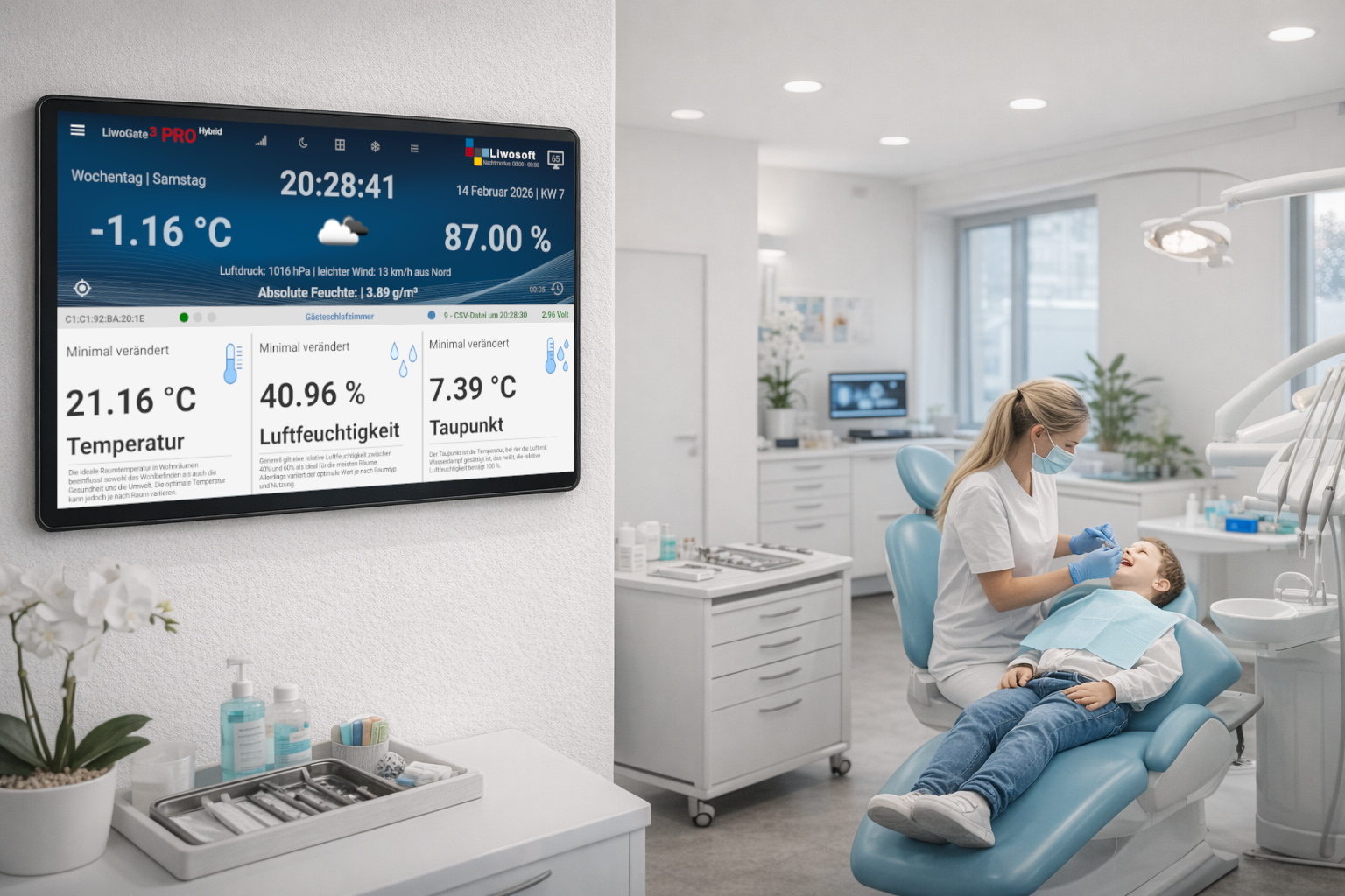 LiwoGate Dashboard zeigt Echtzeit-Klimadaten mit Temperatur- und Feuchtigkeitsgraphen